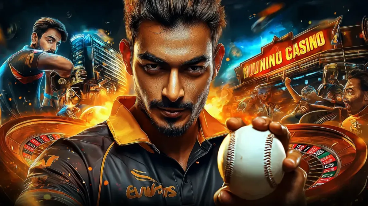 একজন তীব্র মনোযোগী ক্রিকেট খেলোয়াড় একটি জটিল চিত্রে ক্রিকেট বল ধরেছেন, যেখানে একটি স্পোর্টস স্টেডিয়াম karkiya গেমিং প্ল্যাটফর্ম-র উজ্জ্বল নিওন-আলোকিত পরিবেশের সাথে একত্রিত হয়েছে।