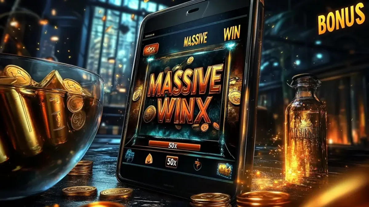 একটি মোবাইল ফোনে MASSIVE WINX বোনাসসহ ৫০x মাল্টিপ্লায়ার দেখা যাচ্ছে, karkiya-তে বড় জয়গুলোর প্রচার করা হচ্ছে। দৃশ্যটি একটি শোভাময় বার-এ সেট করা হয়েছে, যেখানে সোনালি বুলেটের মতো একটি বস্তু রাখা একটি বাটিতে সাজানো রয়েছে।