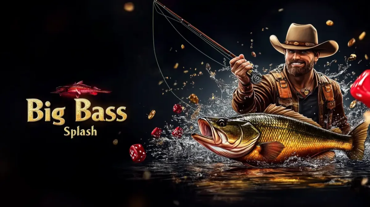 karkiya-এ খেলার জন্য উপলব্ধ Big Bass Splash গেম প্রচারণায়, একজন হাসিখুশি জেলে কাওবয় হ্যাট পরে একটি বড় bass মাছ ধরেন।