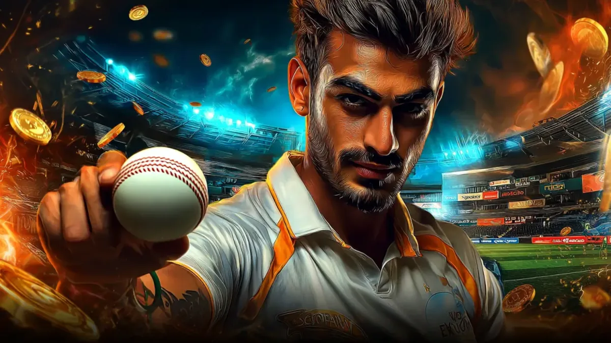 মনোযোগী ও তীব্র-উদ্যমের একজন পুরুষ ক্রিকেট খেলোয়াড় ভিড়ভাট্টা স্টেডিয়ামে একটি বল উঁচু করে ধরে দাঁড়িয়েছেন, karkiya-র গেমিং জগৎকে উচ্ছ্বাসময় করে তুলে ধরা হচ্ছিল। স্বর্ণালী কয়েন ও আগুন-প্রভাব নাটকীয়তা যোগ করেছে।